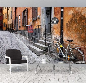 Picture of Sweden Stockholm quaint cobblestone street in historic district Gamla Stan Parked bike